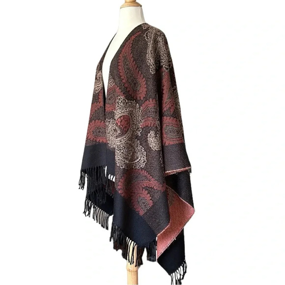ESPRIT Knit Blanket Wrap Cape Paisley Fringe Bohemian, OS - Picture 5 of 16